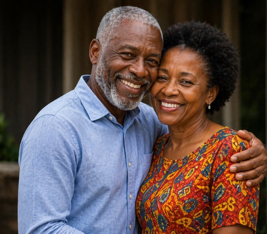 Smiling African senior couple in warm embrace